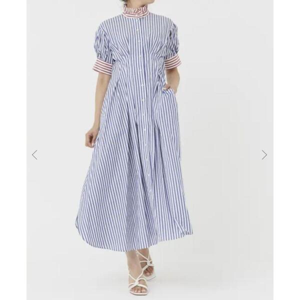 完売モデル SEVEN TEN セブンテン スタンドカラー ストライプ シャツドレス Mサイズ ロング 赤カフス レディース 上品 大人かわいい