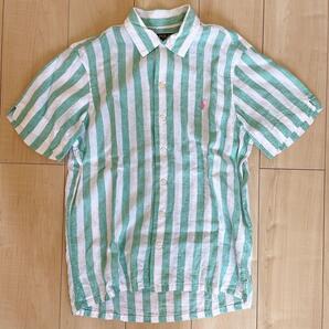 美品 POLO RALPH LAUREN ポロラルフローレン オープンカラー リネン ストライプ シャツ ピンクポニー 夏服 春服 高級 ブランド 正規品