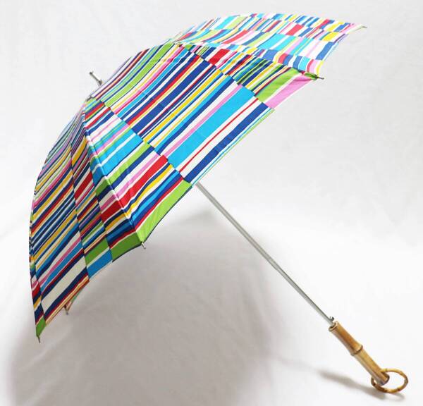 《Sorcie Renom ソシエレノ》新品 日本製 わっか型ハンドル カラフルボーダー柄 晴雨兼用ジャンプ長傘 日傘 雨傘 8本骨 S2144