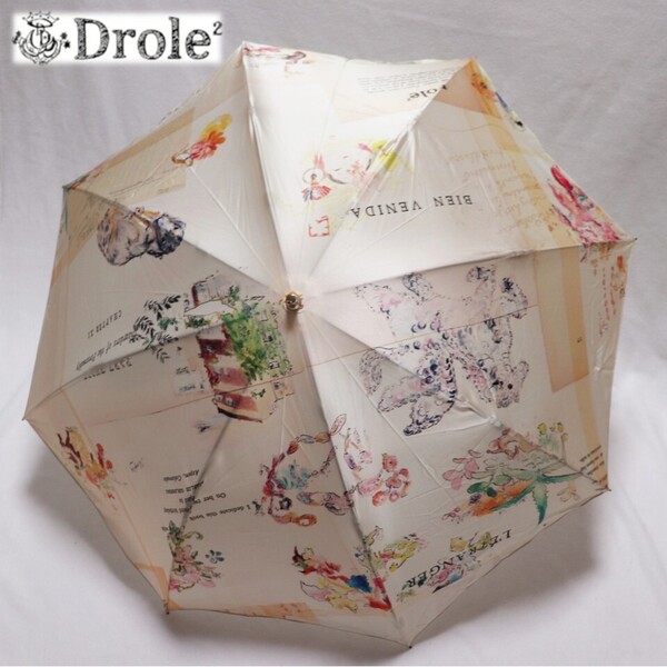 《Drole 2 ドローレドローレ》新品 日本製 レトロ調テキスト柄 折りたたみ傘 雨傘 8本骨 クリアーハンドル S2142