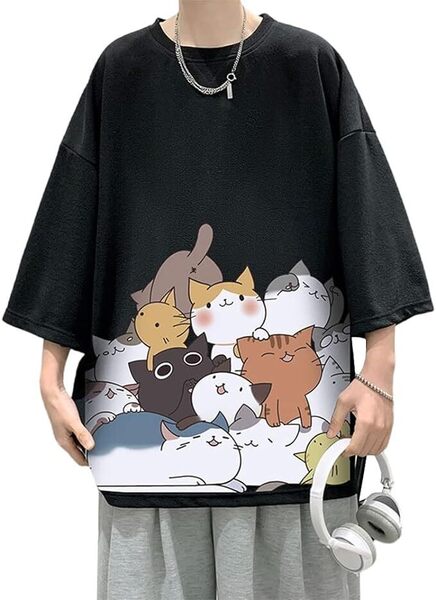夏服 Tシャツ メンズ 半袖 トップス 無地 ゆったり 猫ロゴ 2xl