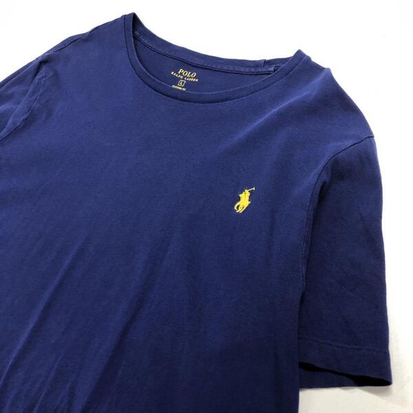 【美品】ポロラルフローレン 刺繍ロゴ黄色 半袖Tシャツ ネイビー メンズL