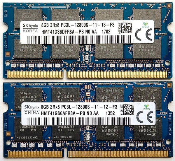保証付き ノートパソコン用メモリー hynix(ハイ二クス)製 PC3L-12800S (DDRL3-1600) 8GB×2枚セット 合計16GB No.5c64