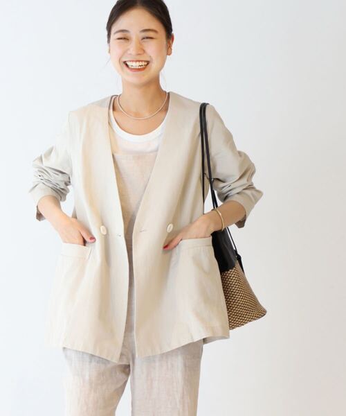 ジャーナルスタンダード レリューム JOURNAL STANDARD リネン混 ウォッシャブル ツイル ストレッチ ノーカラージャケット 麻 ¥12,100
