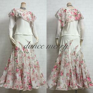 ★送料無料★【MERRY】 新品 社交ダンス ツーピース 2058 クリーム ピンク 白 花柄 ワルツ セットアップ パーティ トップス スカート