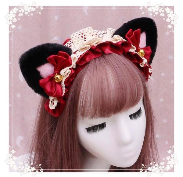 猫耳 ねこ耳 カチューシャ 赤 ヘッドドレス リボン コスプレ ふわふわ