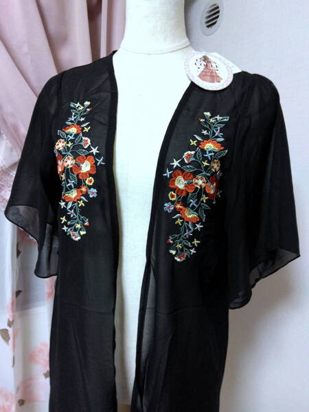 【新品タグ付】Drea my Minx*フラワー刺繍 シフォン半袖羽織物 シースルー カーディガン*黒ブラック*Mサイズ