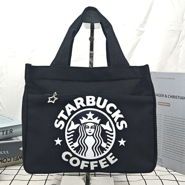 新品未使用 スタバ 弁当バッグ トートバック ランチバッグ 黒 手提げバッグ ファスナー キャンバス ブラック