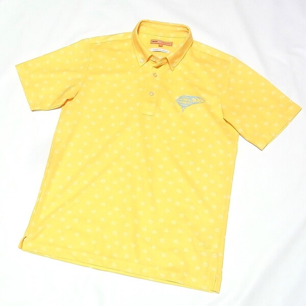 BEAMS GOLF 美品 ビームス ゴルフ イエロー色 小花柄 ポロシャツ S 日本製◎ボタンダウン襟 フロッキープリント◎清掃済 送料無料