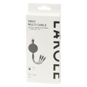 送料無料☆美品LAKOLE 3WAY マルチ ケーブル USB Type C/Lightning/USB-A/micro リール式 MULTI CABLEブラック ライトニング スマホ 充電