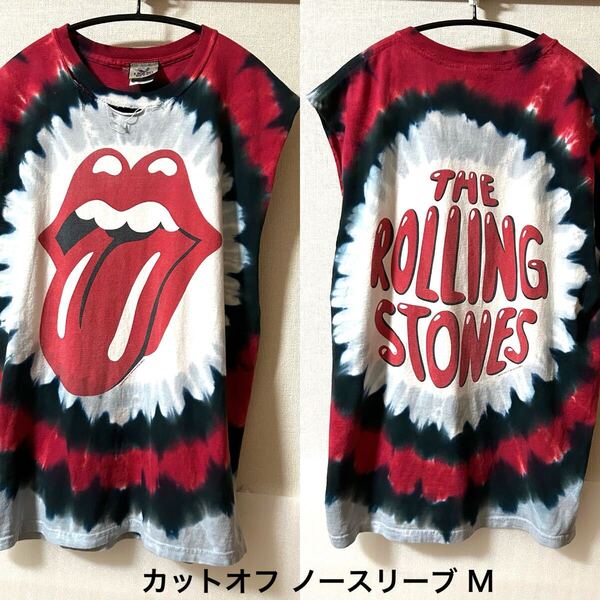 Mサイズ!ローリングストーンズ 古着タイダイカットオフノースリーブTシャツ首リブダメージ→要サイズ状態確認!The Rolling Stones