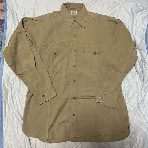 50~60's BURTON'S コットンポプリンシャツ カーキ UNION MADE Vintage ヴィンテージ 古着 ミリタリー アーミー 長袖 メンズ Made in USA