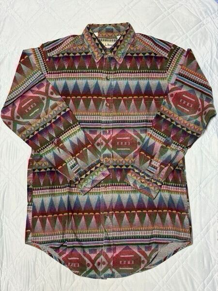 L.L.Bean シャモアクロスシャツ ネイティブ柄 グレー Mサイズ 総柄 コットンネル エルエルビーン Vintage ヴィンテージ 古着 メンズ 長袖