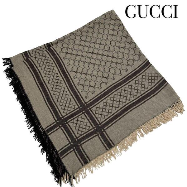 GUCCI グッチ GG柄 ストール ショール マフラー スカーフ 肩掛け ブラウン ウール シルク メンズ レディース イタリア製