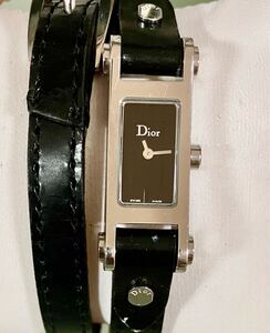 ★稼働品★Christian Dior ディオール★D104-100★QZ★純正ベルト★ロングベルト★黒文字盤★レディース腕時計★