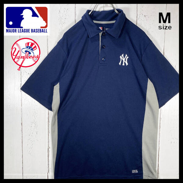 【USED】 ニューヨーク ヤンキース New York Yankees 刺繍ロゴ ポロシャツ MLB 古着 Mサイズ ネイビー ☆送料無料☆