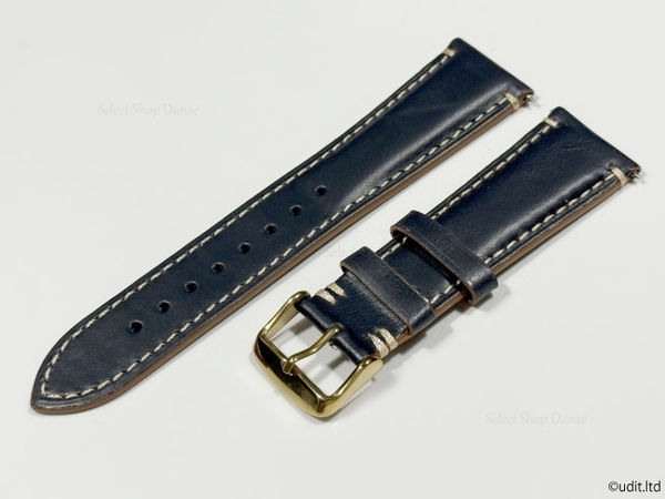 ラグ幅24mm 本革 腕時計レザーベルト ネイビー ゴールド尾錠 腕時計ベルト 時計用バンド ワンタッチばね棒 LB103