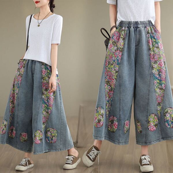 デニム パンツ ワイドパンツ デニムパンツ レディース 春 夏 ガウチョパンツ デニム ワイドパンツ 花柄 プリント 切り替え SLTD021(M-2XL)