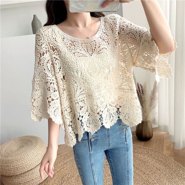 レディース サマーニット レース 花柄 春 夏 トップス カットソー 半袖 レディース Tシャツ シースルー フラワー かぎ編み SLUC027