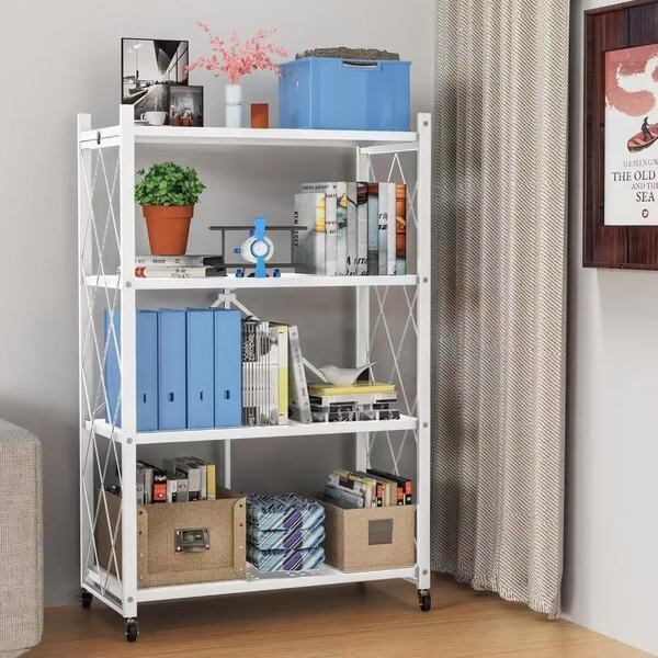 折り畳みラック 収納ラック スリム スチール 棚 4段 幅71x奥行36x高さ125cm 収納 オープンシェルフ キャスター付き 防サビ加工