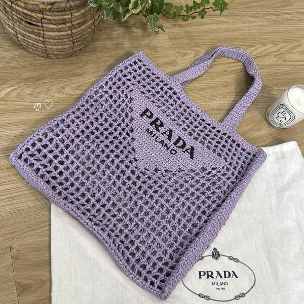 送料無料 PRADA プラダ クロシェトートバッグ 1BG393 カゴ ラフィア パープル