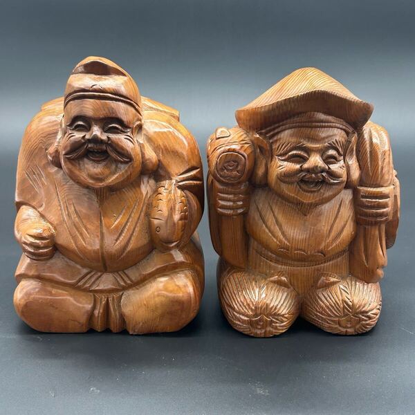 木彫 恵比寿 大黒天 一対 七福神 商売繁盛 福神像 和風置物 縁起物 彫刻 アンティーク レトロ 木彫り