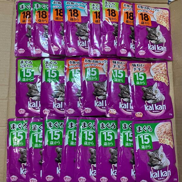 送料無料 kal kan カルカン 老猫用ウェットフード 15歳以上+18歳以上 まぐろ チキン 等 22袋 レトルト パウチ 高齢猫 シニア猫 【旧品】