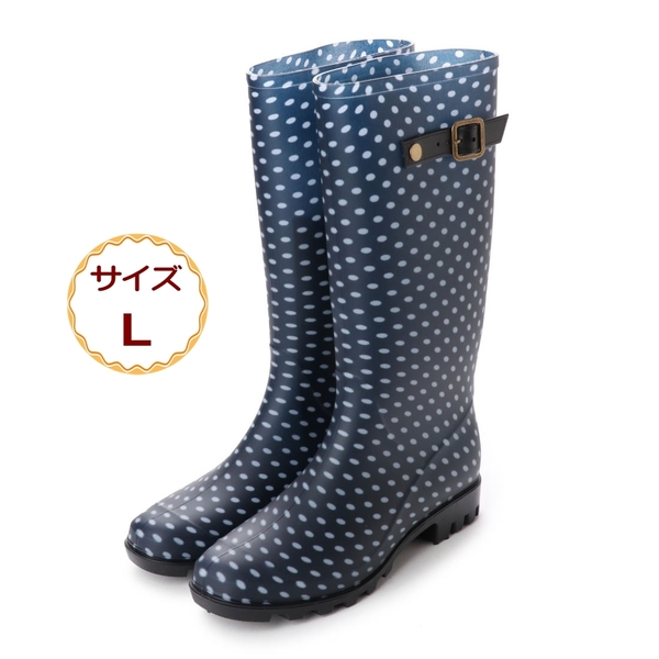 ジョッキータイプ レインブーツ ロング 長靴 雨靴 完全防水 防滑底 ブロックヒール ネイビー ドット ガーデニング 洗車 18032-nav-dot-L