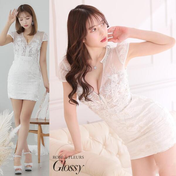ROBE de FLEURS Glossy ローブドフルールグロッシー フロントジッパーx刺繍レースタイトミニキャバドレス ホワイト