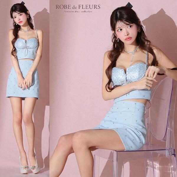 ROBE de FLEURS ローブドフルール ビジューリボンラインスパークセットアップキャバドレス ブルー