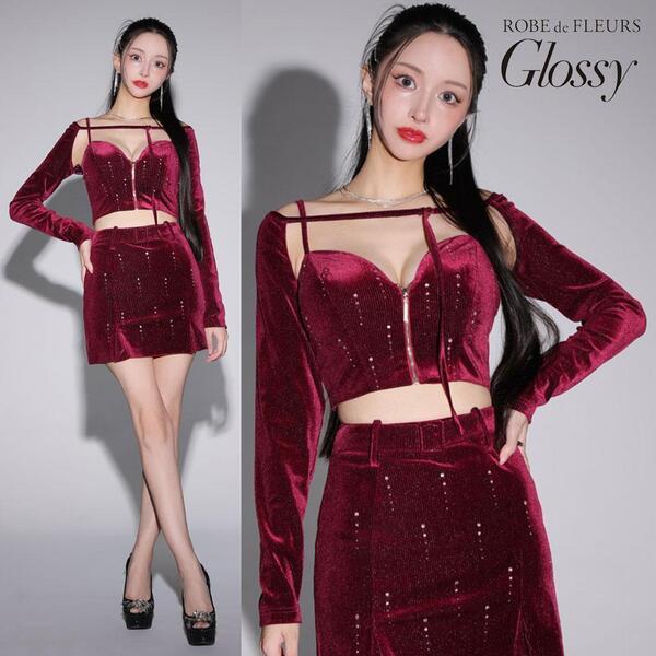 ROBE de FLEURS Glossy ローブドフルールグロッシー ボレロ付き 2wayラメベロアセットアップミニキャバドレス レッド
