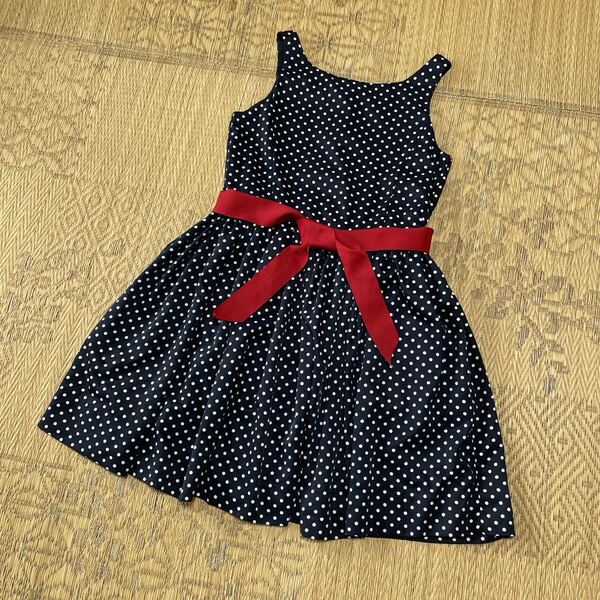 POLO RALPH LAUREN ポロラルフローレン ドット柄 子供用ワンピース サイズ10 リボン付 140 キッズガールズノースリーブ 水玉ドット赤リボン
