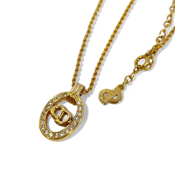 【美品】 正規品 クリスチャンディオール ネックレス ラインストーン CDロゴ ゴールド Christian Dior アクセサリー ペンダント