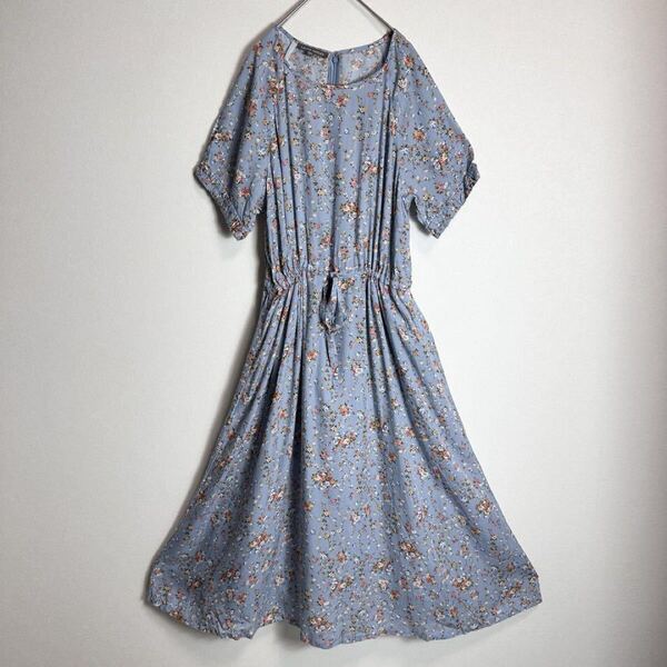 ローラアシュレイ ワンピース 半袖 花柄 フラワー リボン 大きいサイズ ロング丈 XLサイズ 13号 LAURA ASHLEY フレア Aライン