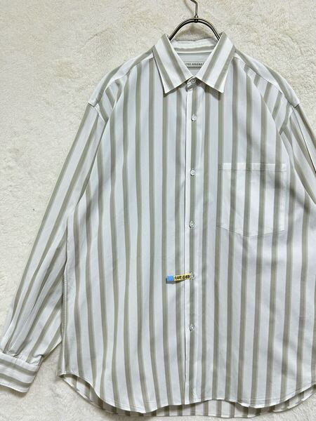 【美品】春夏物 ユナイテッドアローズ UNITED ARROWS メンズ 長袖シャツ M 39-84 ホワイト×ベージュ ストライプ