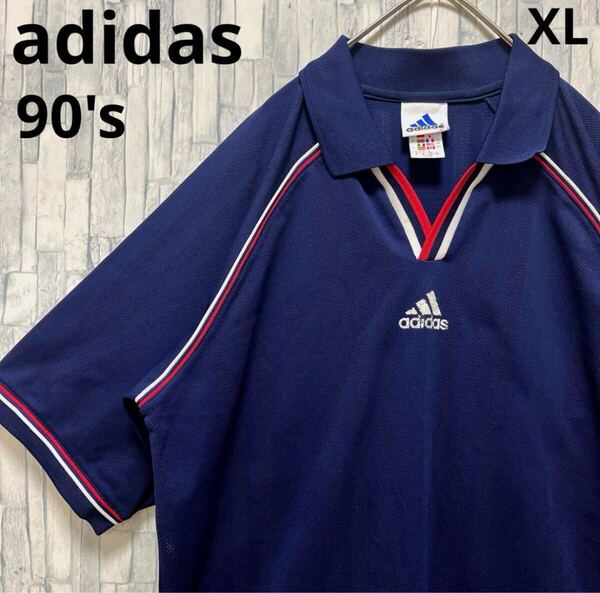 adidas オールド アディダス ゲームシャツ サッカーシャツ サイズXL シンプルロゴ センターロゴ 半袖 ライン 襟付き 90s 90年代 太アーム