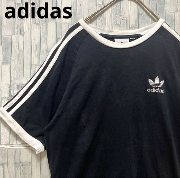 adidas アディダス リンガーネック Tシャツ サイズM ブラック 刺繍ロゴ シンプルロゴ トレフォイル 半袖 3ライン 3ストライプ 送料無料