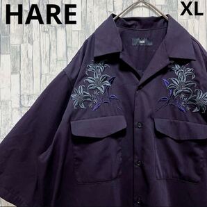 HARE ハレ design shirt デザインシャツ オープンカラーシャツ 開襟シャツ 半袖 サイズXL 花柄 柄シャツ ブラック 刺繍ロゴ メンズ