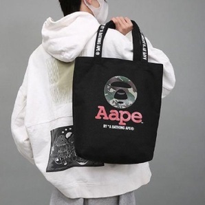 BAPE◆A BATHING APE/ブラック コットン/カレッジ ロゴ トートバッグ◆ア ベイシング エイプ◆キャンバス/エコバッグ/付録ノベルティ