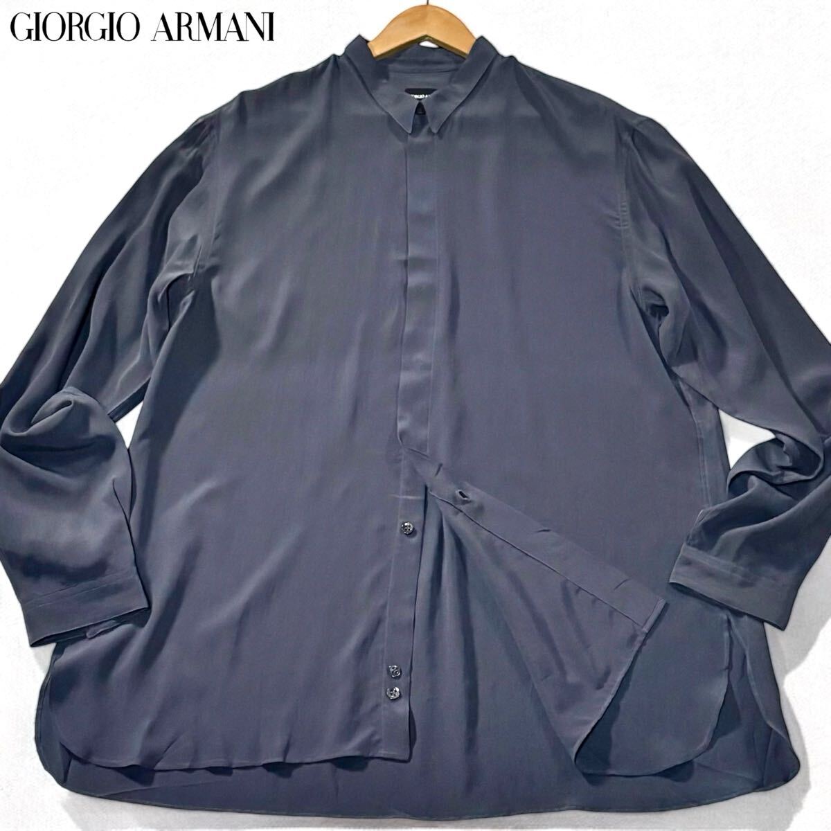 【美品】ジョルジオアルマーニ ノーカラー 長袖シャツ シアサッカー イタリア製 美品】ジョルジオアルマーニ ノーカラー 長袖シャツ シア