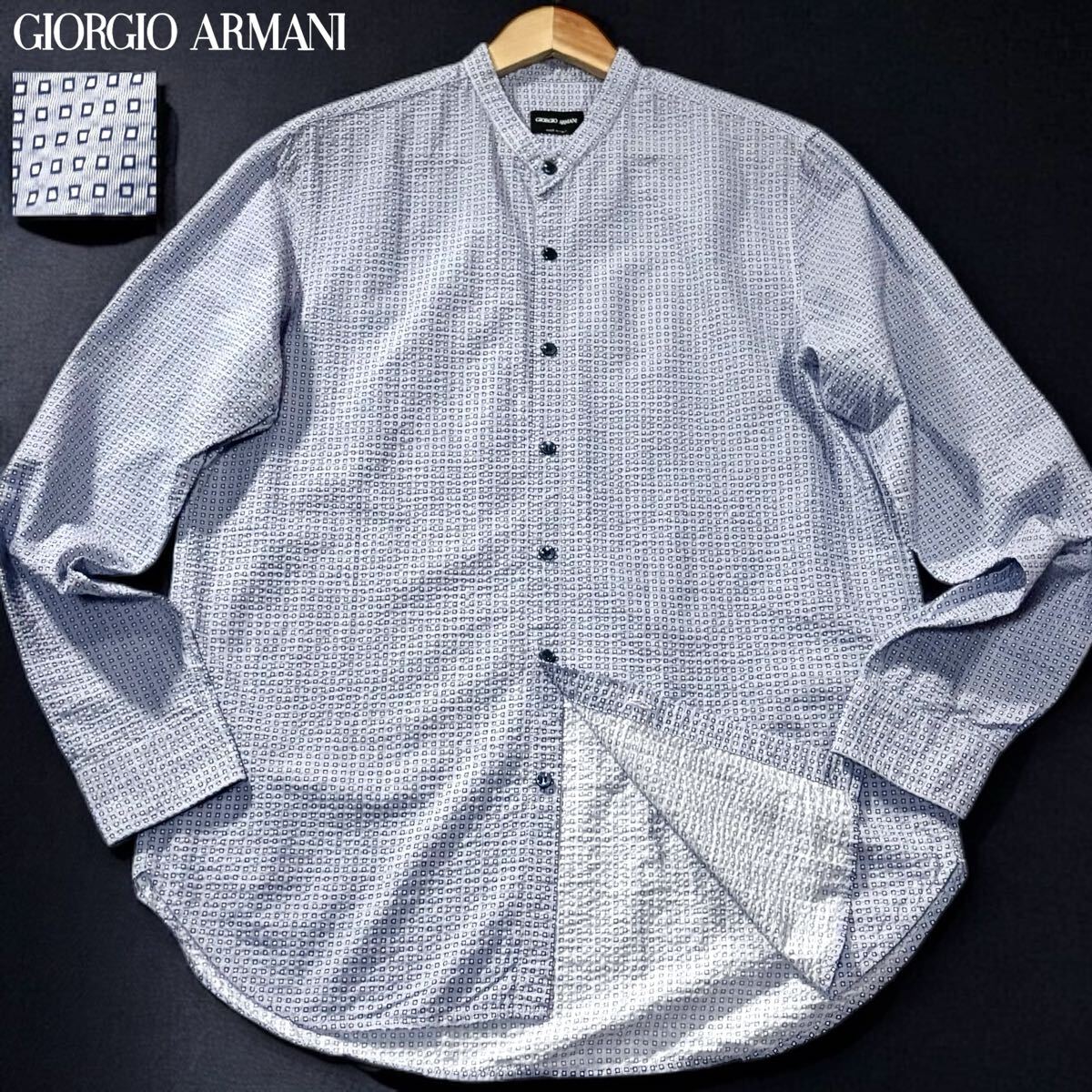 【美品】ジョルジオアルマーニ ノーカラー 長袖シャツ シアサッカー イタリア製 美品】ジョルジオアルマーニ ノーカラー 長袖シャツ シア