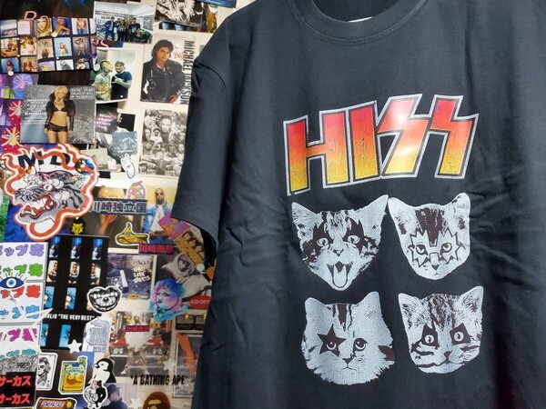 新品│KISS風ねこ│HISSキャット│輸入Tシャツ│海外インポート品│サイズL│ブラック│黒│ロック│ストリート│猫、ネコ、バンド