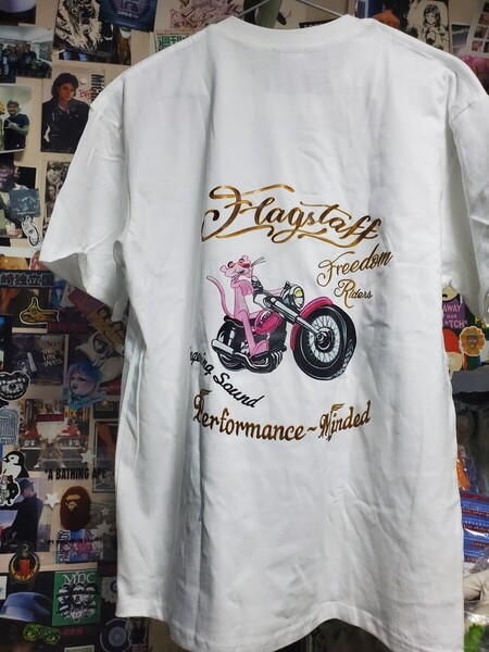 新品│ピンクパンサー×バイク│バックプリント(前面無地)│輸入Tシャツ│海外インポート品│サイズL│白│HIPHOP│ストリート│アメカジ