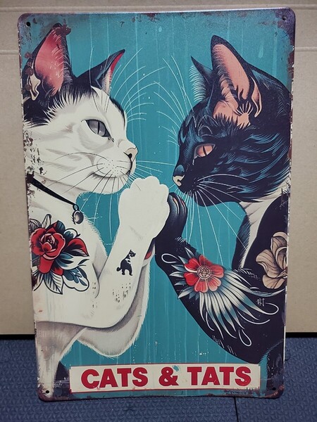 再販│刺青猫│タトゥーキャット│ねこレトロブリキ看板│ネコメタルサイン│アメリカン海外雑貨│ガレージ、店舗、スタジオ│輸入品