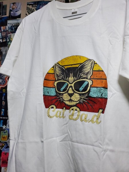 新品│猫のお父さん│キャットダッド│cat dad│輸入Tシャツ│海外インポート品│海外サイズS(JP-L)│白│ねこ、ネコ
