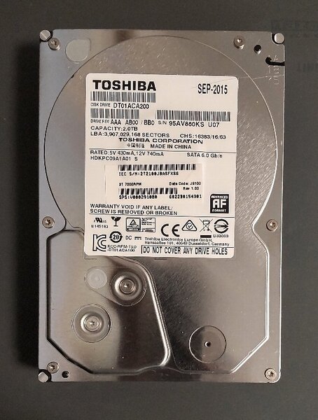 東芝 2TB HDD DT01ACA200 3.5インチ 7200RPM 中古品 正常表示 使用時間 19,672時間