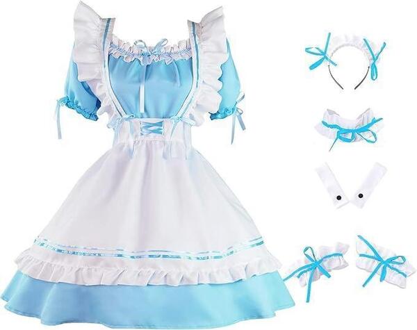 訳アリ XL【豪華メイド服8点セット】コスプレ ショート丈 エプロン 仮装 水色 780