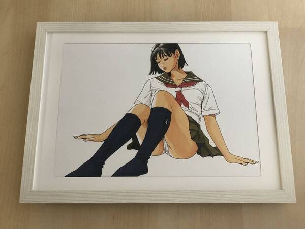 kj ★額装品★ 江口寿史 セーラー服 下着 美少女 セクシー パンチラ 貴重イラスト A4額入り ポスター風デザイン 美人画 美女 制服 女子高生