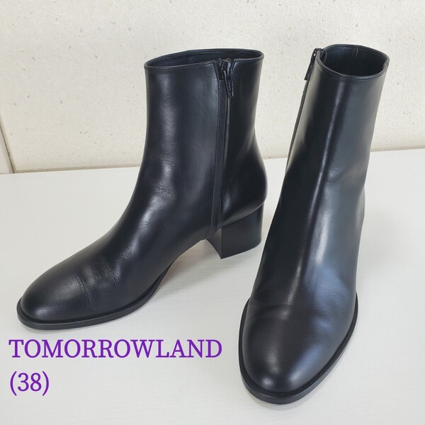 極美品◆TOMORROWLANDトゥモローランド 牛革レザー サイドジップ ショートブーツ 日本製 ブーティ 本革 レディース(38)ブラック/黒