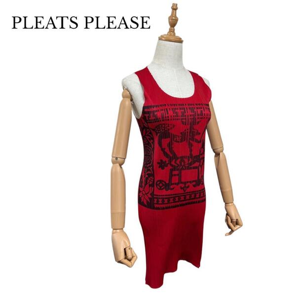 ISSEY MIYAKE PLEATS PLEASE イッセイミヤケ プリーツプリーズ ワンピース オリエンタル柄 PP86-JH819 レッド